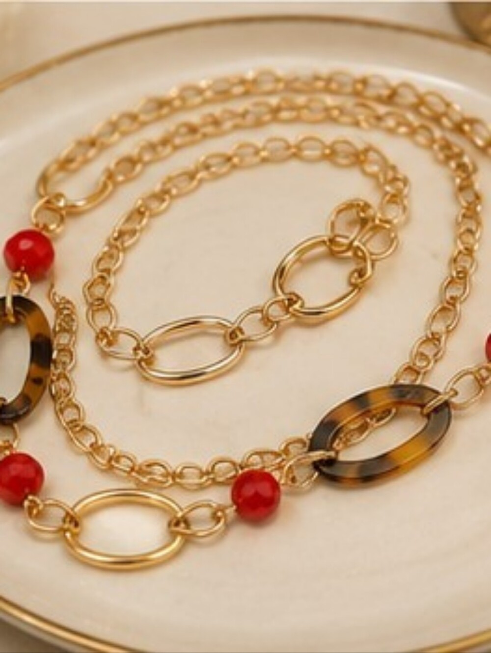 New York & Company NWT Long Gold Tone Tortoiseshell Necklace Red Bead Statement - Picture 4 of 9